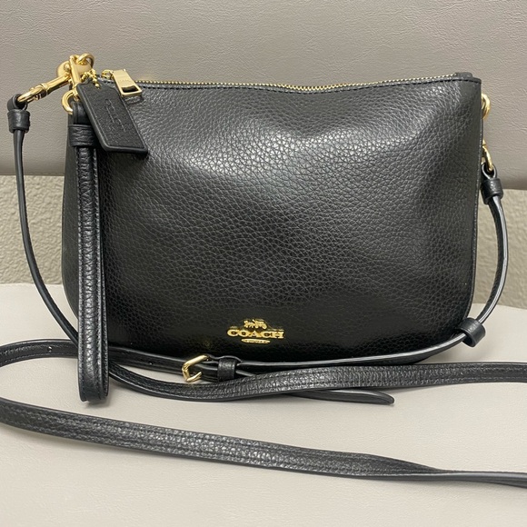 Coach Double Zipper Pebbled Black Leather Crossbody Bag - Picture 1 of 10